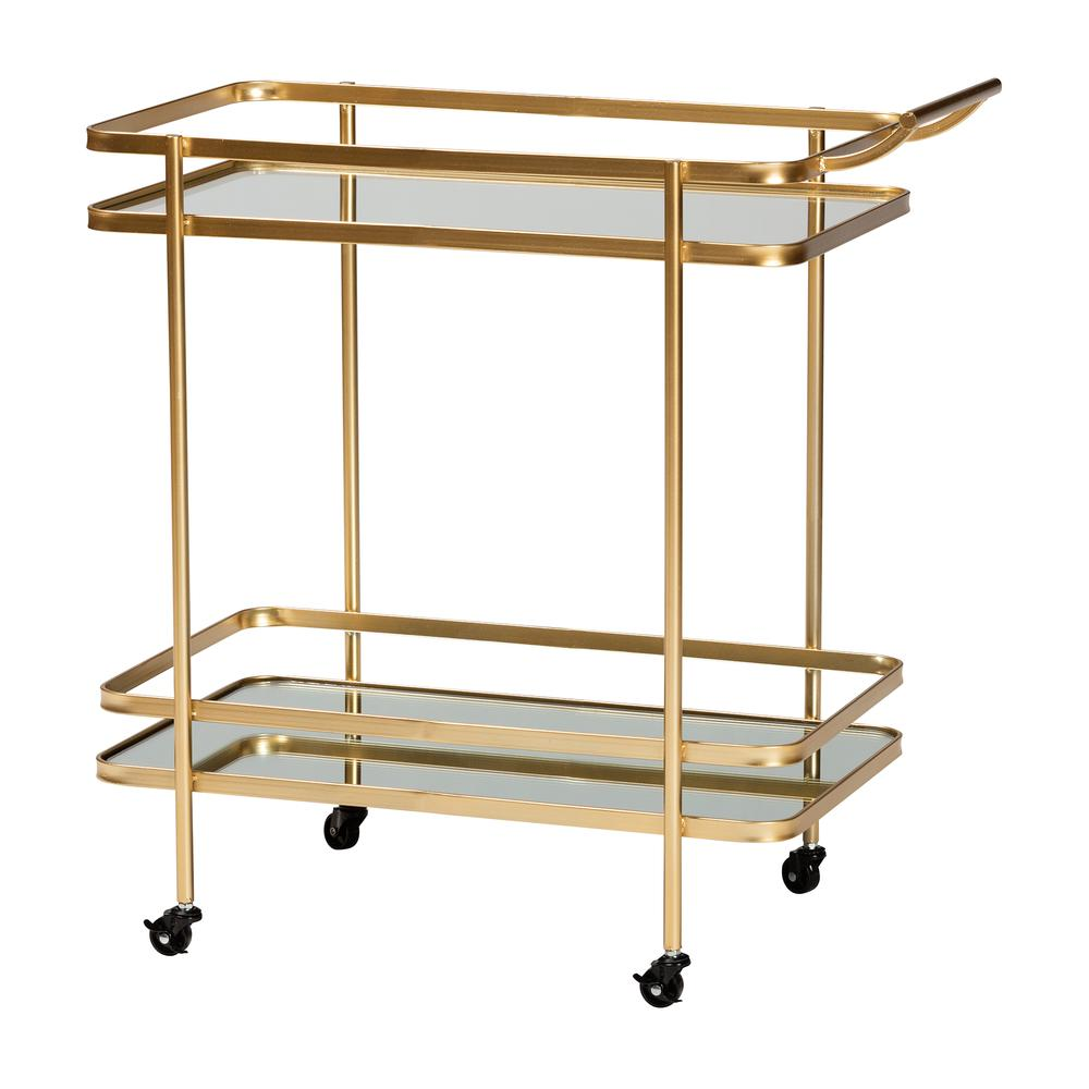 Destin Modern and Contemporary Glam Brushed Gold Finished Metal and Mirrored Glass 2-Tier Mobile Wine Bar Cart