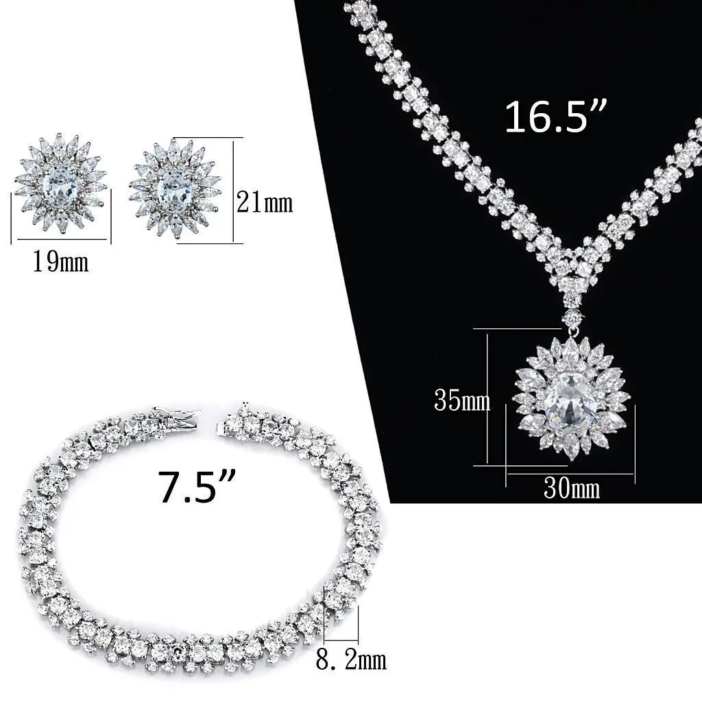 3W927 - Rhodium Brass Jewelry Sets with AAA Grade CZ  in Clear