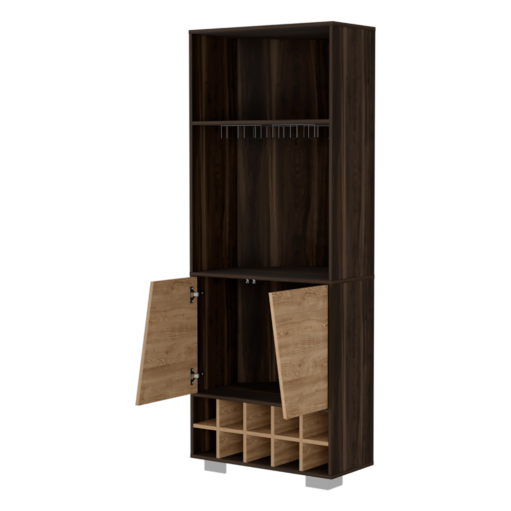 Corner Bar Cabinet Albarr, Ten Wine Cubbies, Two Shelves, Double Door - Dark Oak / Pine
