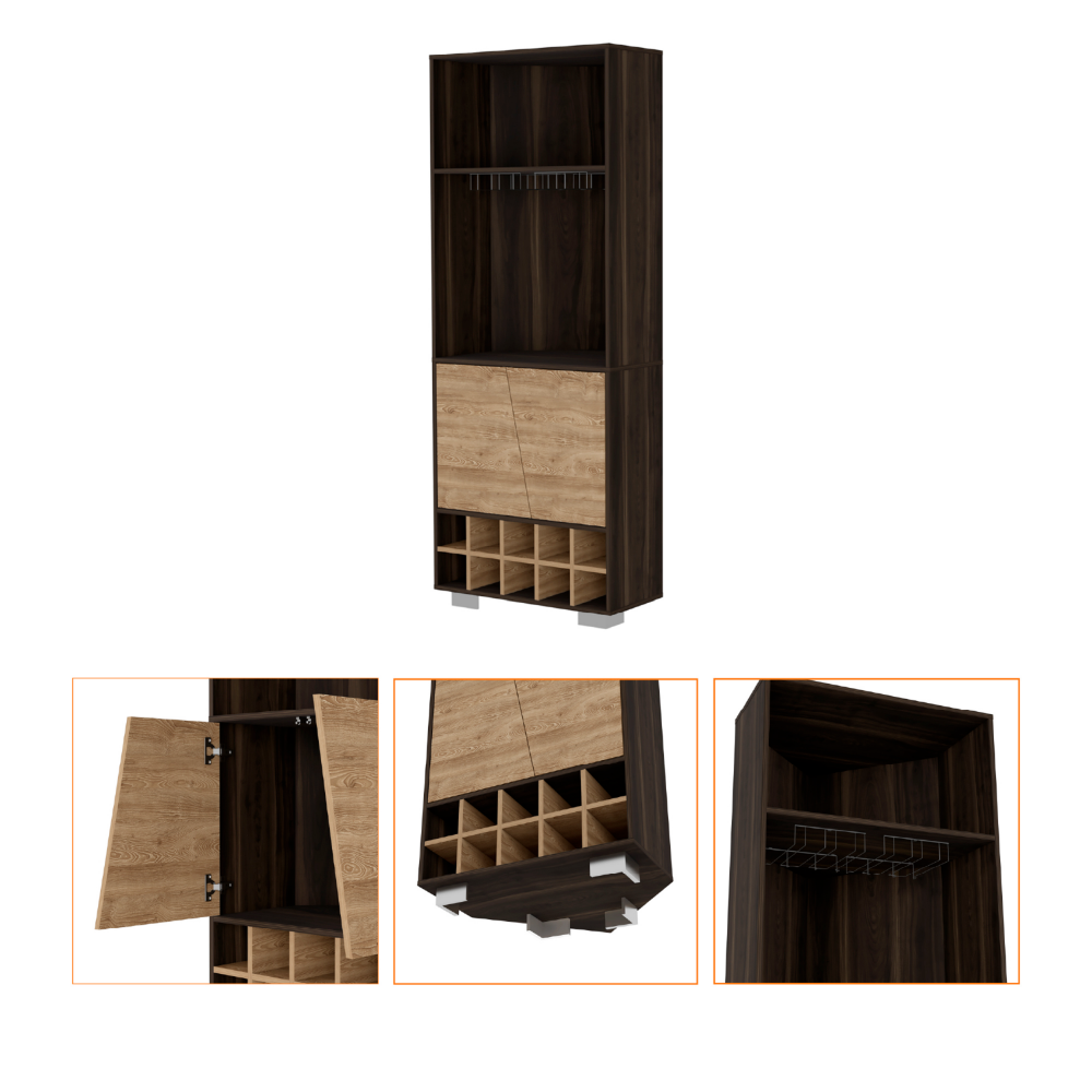 Corner Bar Cabinet Albarr, Ten Wine Cubbies, Two Shelves, Double Door - Dark Oak / Pine
