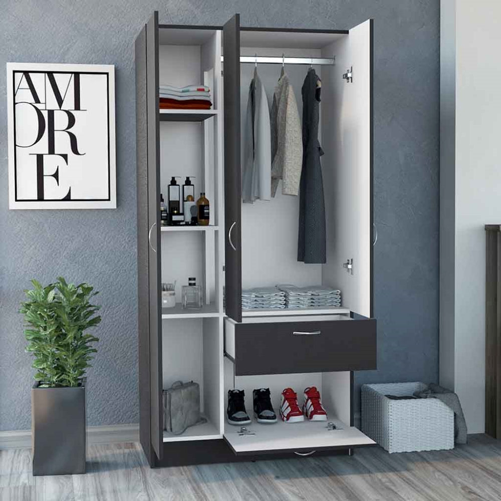 Armoire Cobra, Double Door Cabinets, One Drawer, Five Shelves, Black Wengue / White Finish