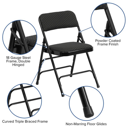 HERCULES Series Curved Triple Braced & Double Hinged Black Patterned Fabric Metal Folding Chair