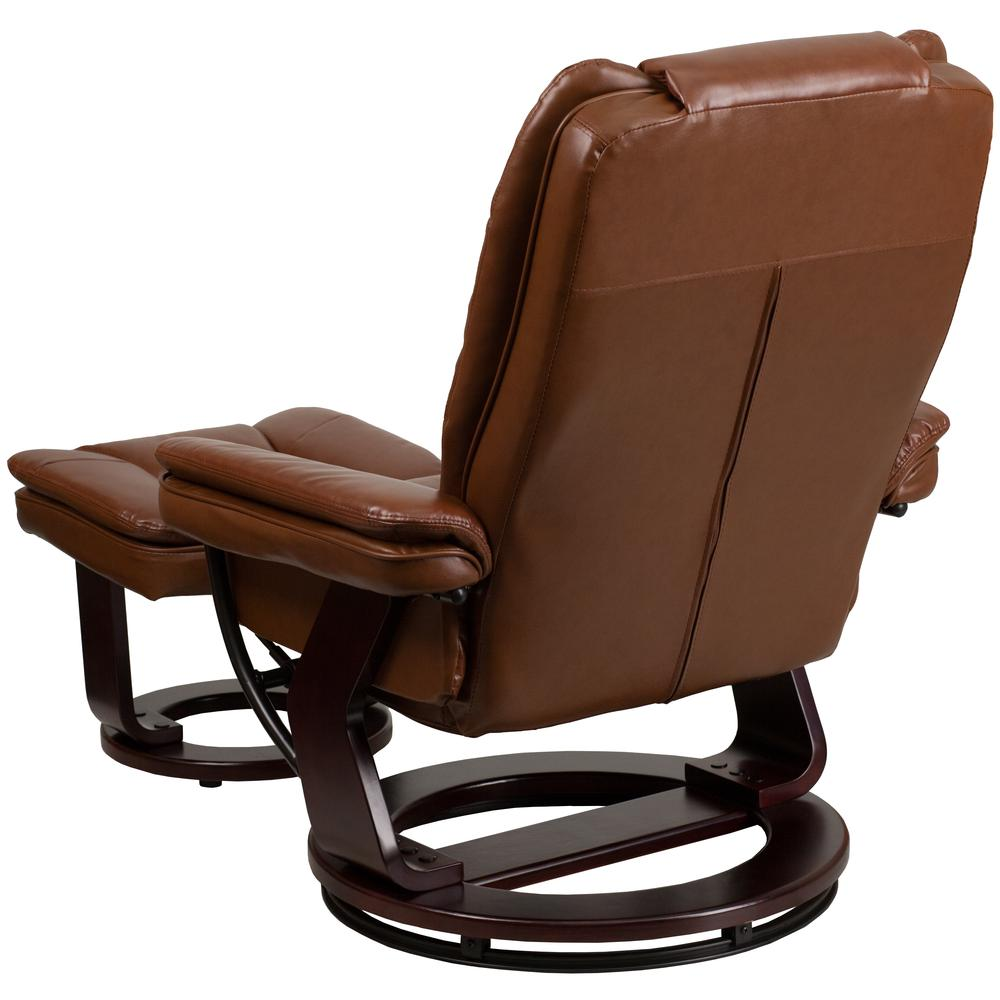 Contemporary Multi-Position Recliner with Horizontal Stitching and Ottoman with Swivel Mahogany Wood Base in Brown Vintage Leather