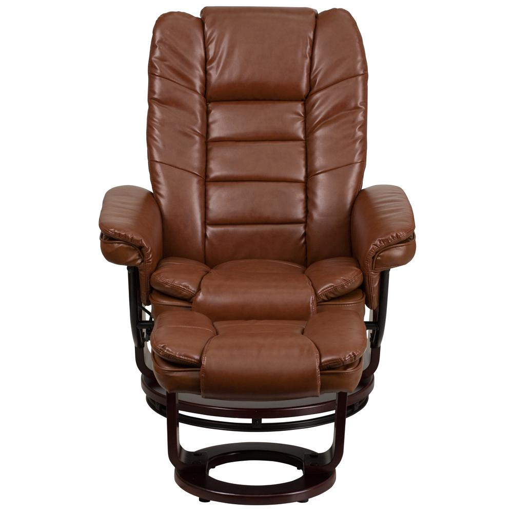 Contemporary Multi-Position Recliner with Horizontal Stitching and Ottoman with Swivel Mahogany Wood Base in Brown Vintage Leather