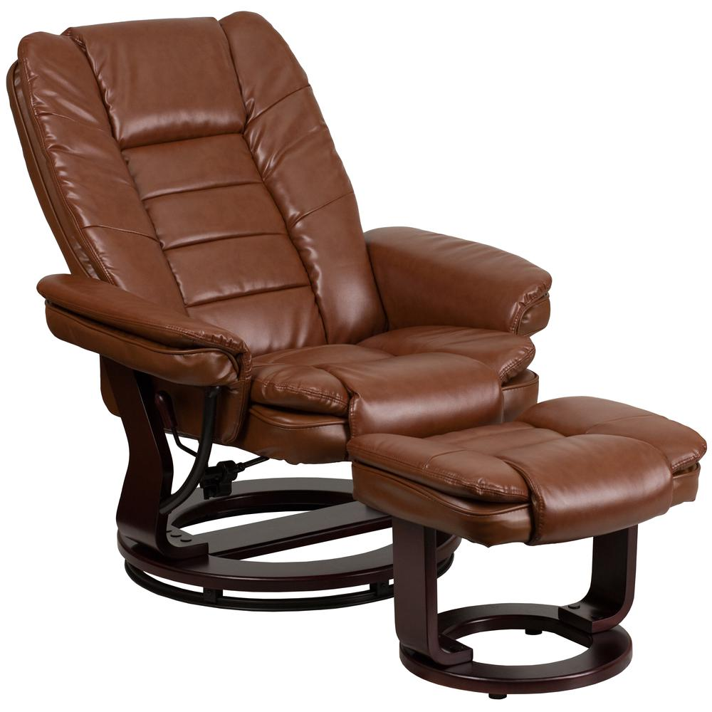 Contemporary Multi-Position Recliner with Horizontal Stitching and Ottoman with Swivel Mahogany Wood Base in Brown Vintage Leather