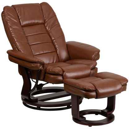 Contemporary Multi-Position Recliner with Horizontal Stitching and Ottoman with Swivel Mahogany Wood Base in Brown Vintage Leather