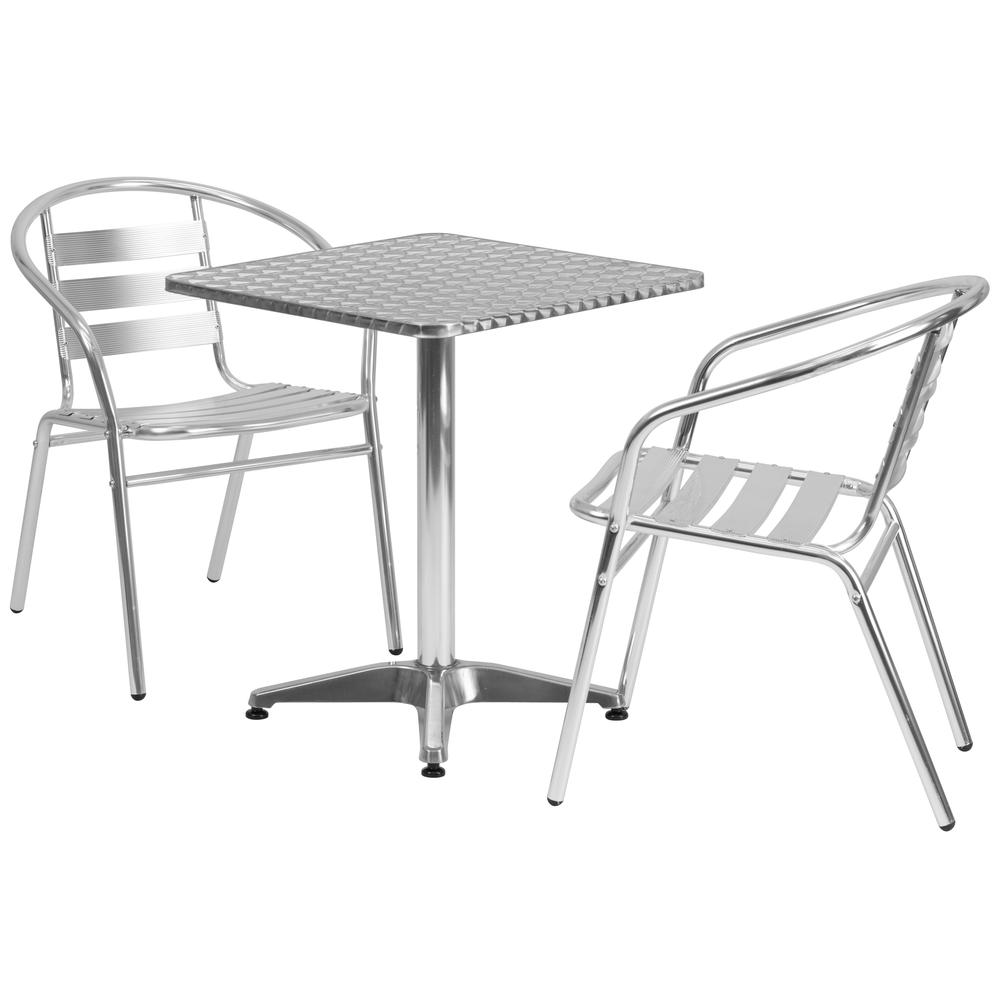 23.5'' Square Aluminum Indoor-Outdoor Table Set with 2 Slat Back Chairs