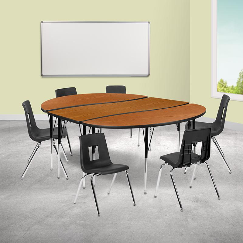 86" Oval Wave Collaborative Laminate Activity Table Set with 18" Student Stack Chairs, Oak/Black