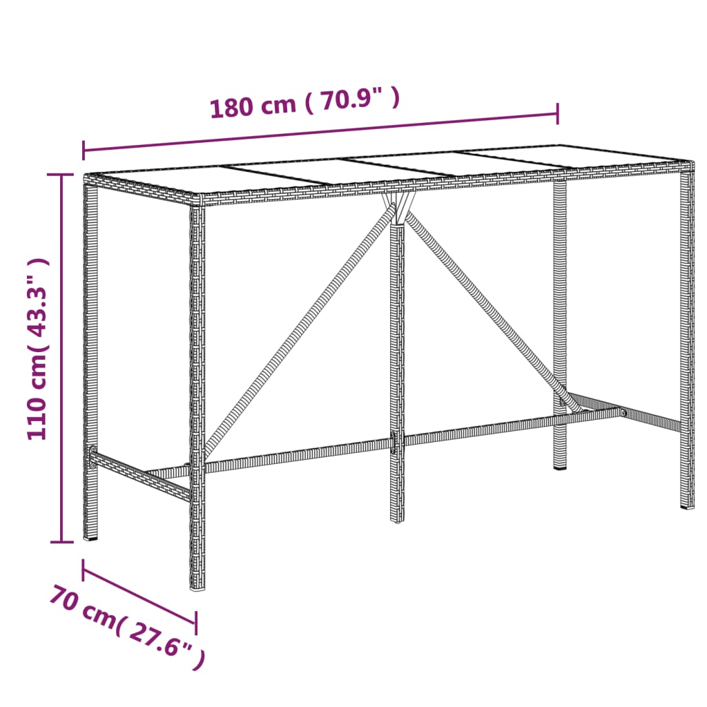vidaXL Bar Table with Glass Top Brown 70.9"x27.6"x43.3" Poly Rattan