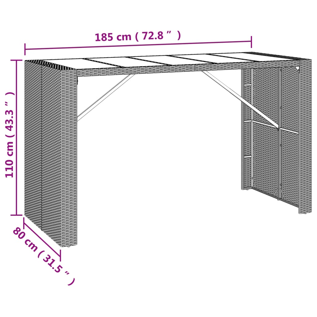 vidaXL Bar Table with Glass Top Brown 72.8"x31.5"x43.3" Poly Rattan