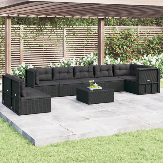 vidaXL 8 Piece Patio Lounge Set with Cushions Black Poly Rattan