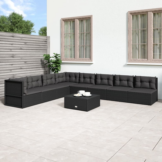 vidaXL 8 Piece Patio Lounge Set with Cushions Black Poly Rattan