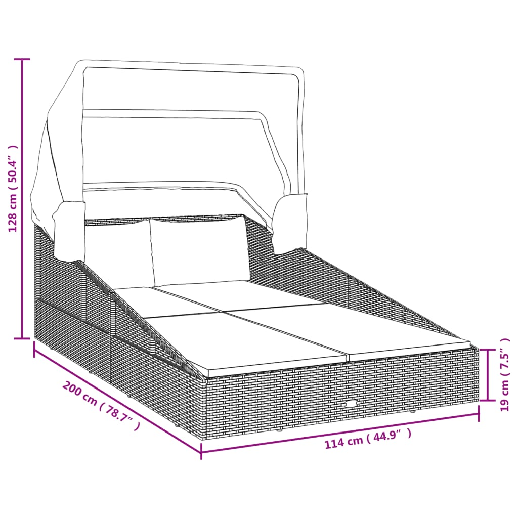 vidaXL Sunbed with Foldable Roof Black 78.7"x44.9"x50.4" Poly Rattan