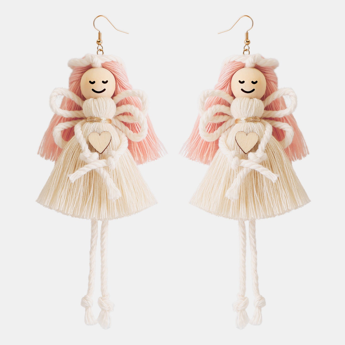 Wood Cotton Cord Brass Angel Dangle Earrings