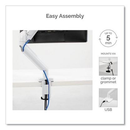 Platinum Series Single Monitor Arm, For 27" Monitors, 360 deg Rotation, 45 deg Tilt, 180 deg Pan, White, Supports 20 lb