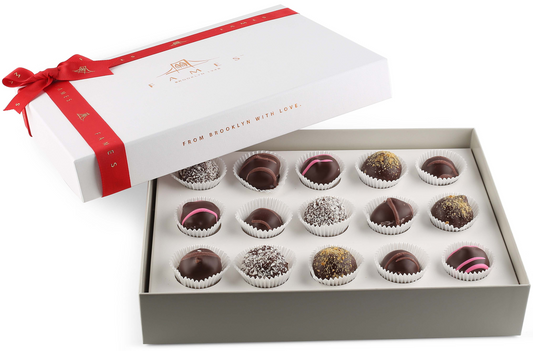 Luxury Box of Coffee Cream, Berry Swirl, Savory Coconut & Hazelnut Truffle Chocolates.