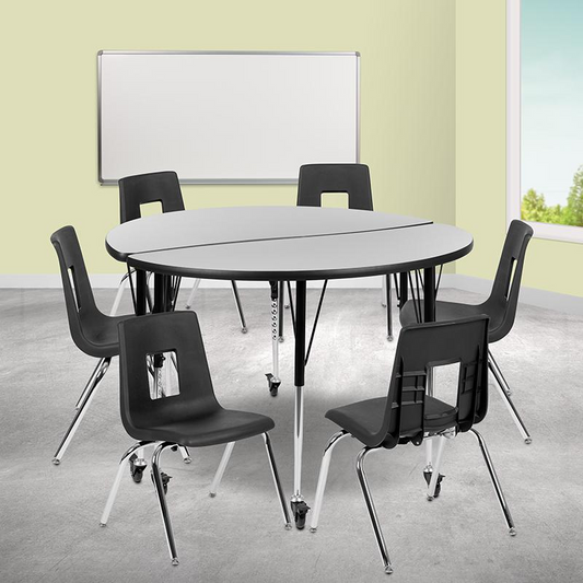 Mobile 47.5" Circle Wave Collaborative Laminate Activity Table Set with 18" Student Stack Chairs, Grey/Black