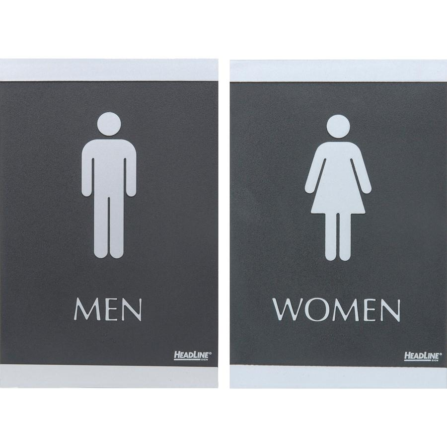 Headline Signs ADA MEN/WOMEN Restroom Sign - 1 Set - Men, Women Print/Message - 6" Width - Rectangular Shape - Silver Print/Message Color - Adhesive Backing, Durable, Pictogram, Self-adhesive, Braille