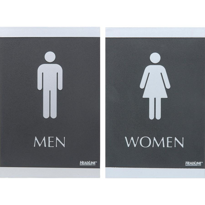 Headline Signs ADA MEN/WOMEN Restroom Sign - 1 Set - Men, Women Print/Message - 6" Width - Rectangular Shape - Silver Print/Message Color - Adhesive Backing, Durable, Pictogram, Self-adhesive, Braille