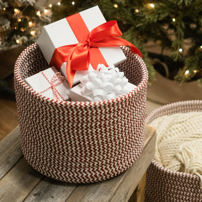 Vixen Zig-Zag Woven Holiday Basket - Candycane Red 12"x12"x10"