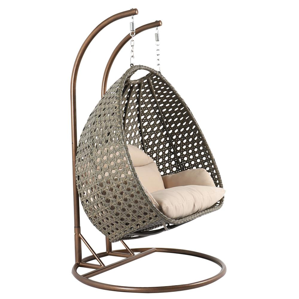 LeisureMod Beige Wicker Hanging 2 person Egg Swing Chair