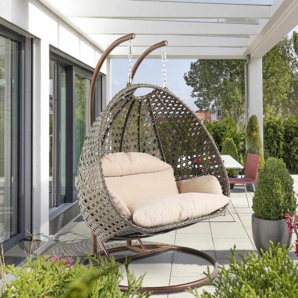LeisureMod Beige Wicker Hanging 2 person Egg Swing Chair