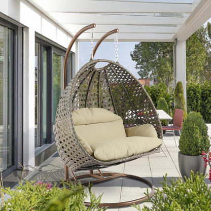 LeisureMod Taupe Wicker Hanging 2 person Egg Swing Chair