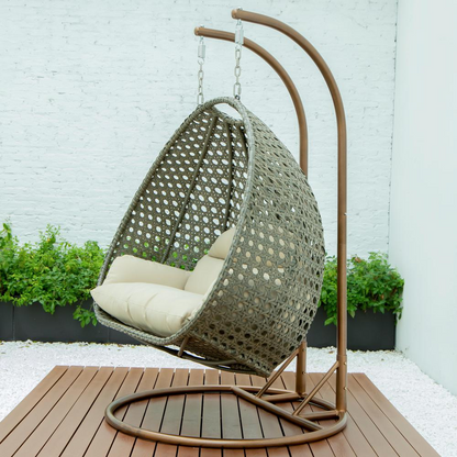 LeisureMod Taupe Wicker Hanging 2 person Egg Swing Chair