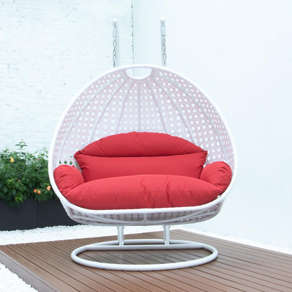 LeisureMod White Wicker Hanging 2 person Egg Swing Chair ESCW-57R