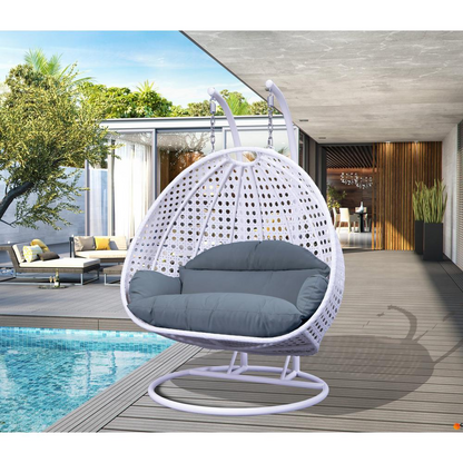LeisureMod Charcoal Blue Wicker Hanging 2 person Egg Swing Chair