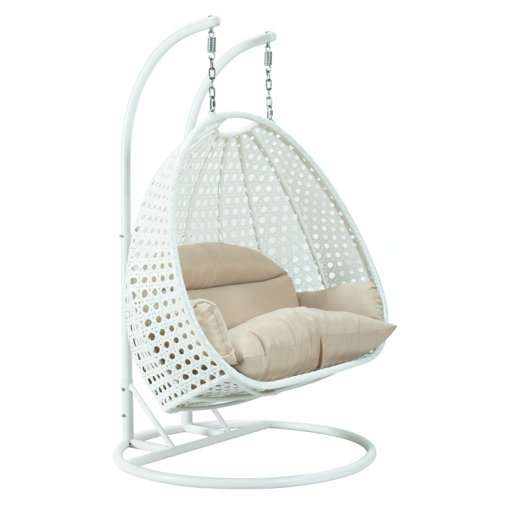 LeisureMod Beige Wicker Hanging 2 person Egg Swing Chair