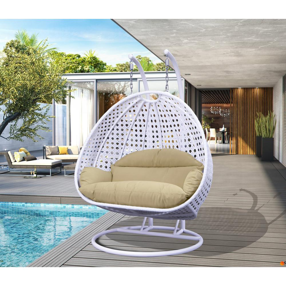 LeisureMod Beige Wicker Hanging 2 person Egg Swing Chair