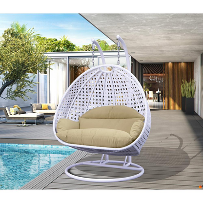 LeisureMod Beige Wicker Hanging 2 person Egg Swing Chair