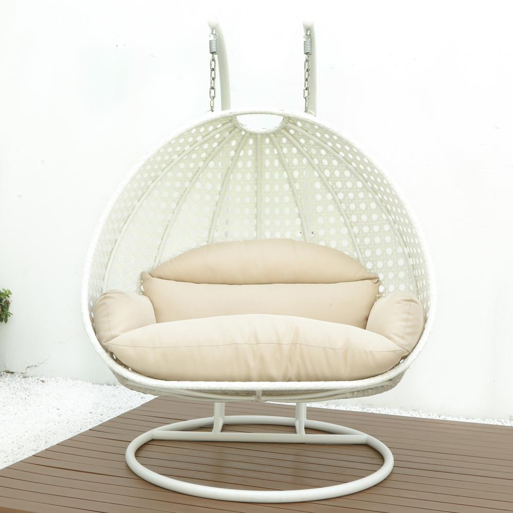 LeisureMod Beige Wicker Hanging 2 person Egg Swing Chair