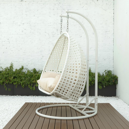 LeisureMod Beige Wicker Hanging 2 person Egg Swing Chair