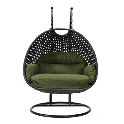 LeisureMod MendozaWicker Hanging 2 person Egg Swing Chair in Dark Green