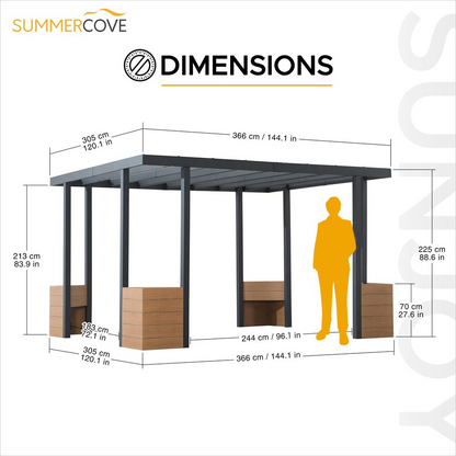 Sunjoy Marbella 10 x 12ft. Outdoor Patio Black Steel Frame Pergola with Planters