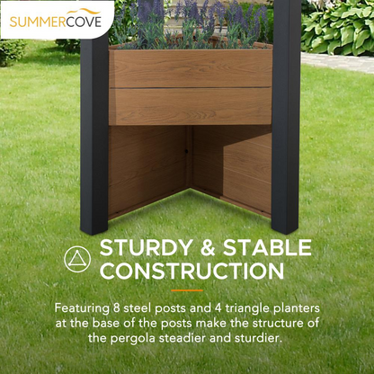 Sunjoy Marbella 10 x 12ft. Outdoor Patio Black Steel Frame Pergola with Planters