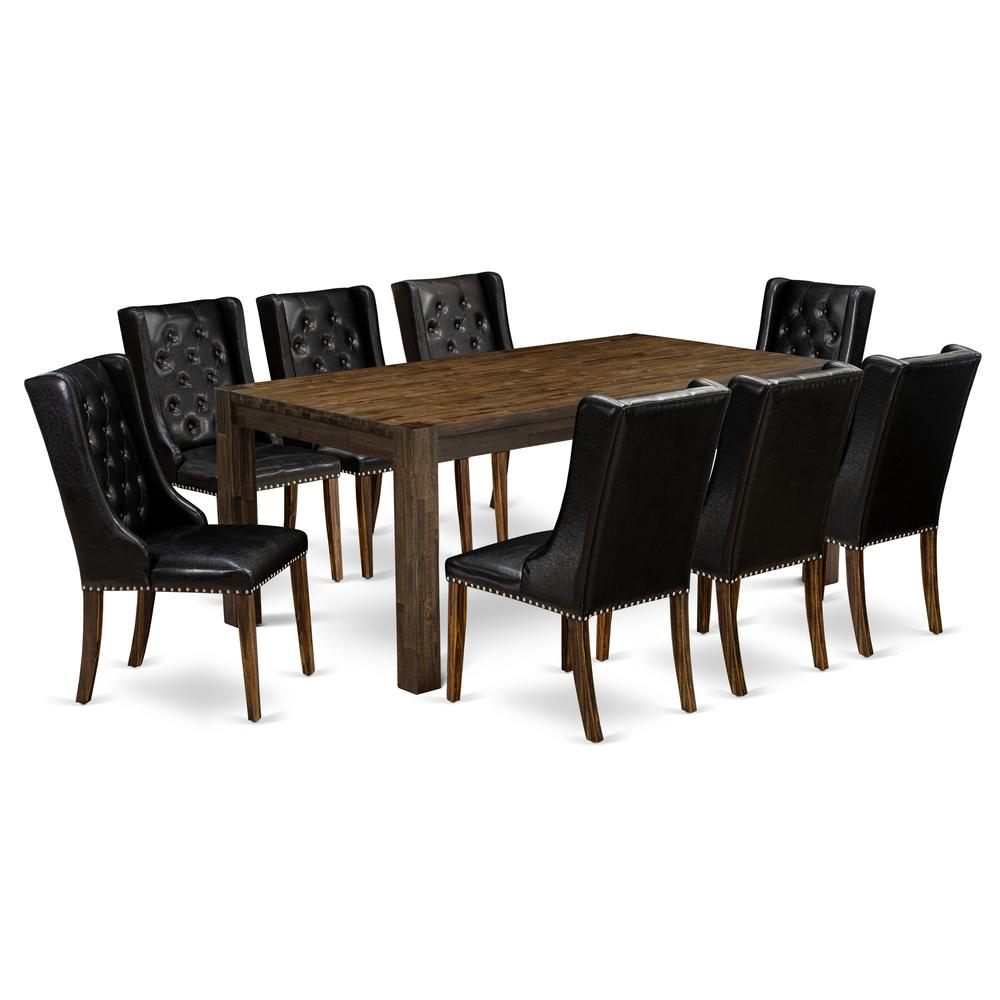 East West Furniture LMFO9-77-49 9-Pc Modern Dining Table Set Includes 1 Dining Table and 8 Black Linen Fabric Dining Chairs with Button Tufted Back - Distressed Jacobean Finish