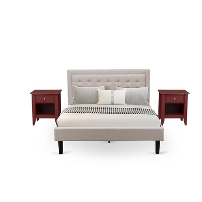 FN08Q-2GA13 3-Piece Fannin Bedroom Furniture Set with 1 Wingback Bed and 2 Bedroom Nightstands - Mist Beige Linen Fabric