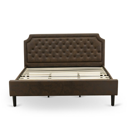 GB25K-2GA06 3-Pc Bedroom set with Bed and 2 Wire Brushed Black End Tables for bedroom - Dark Brown Faux Leather and Black Legs