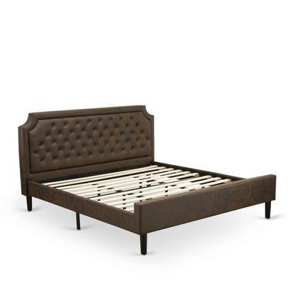 GB25K-2GA06 3-Pc Bedroom set with Bed and 2 Wire Brushed Black End Tables for bedroom - Dark Brown Faux Leather and Black Legs