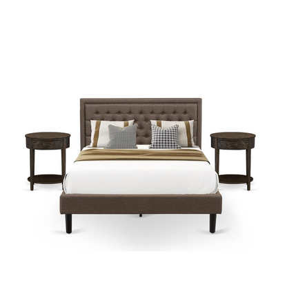 KD18Q-2HI07 3 Pc Queen Bedroom Set - Bed Frame Brown Headboard with 2 Bedroom Nightstand - Black Finish Legs