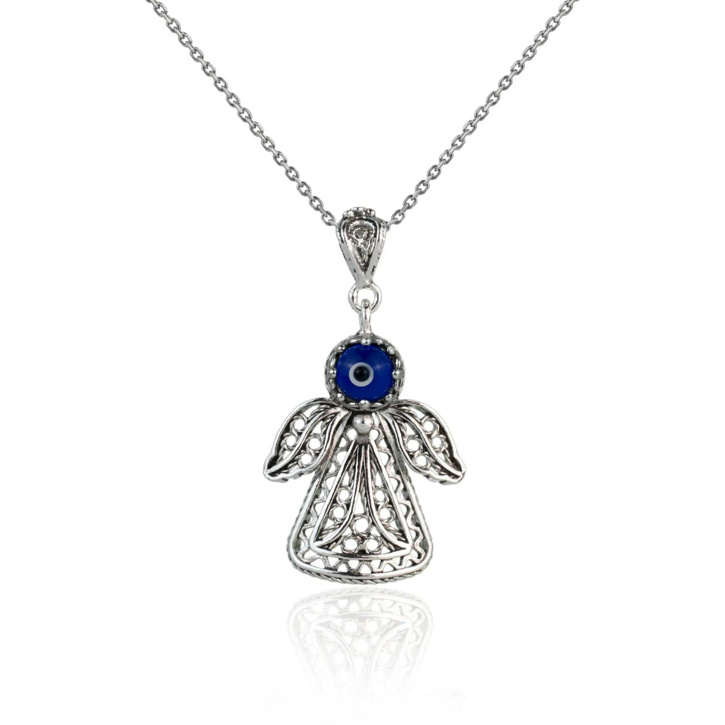 Filigree Art Evil Eye Beaded Angel Figured Women Silver Pendant Necklace