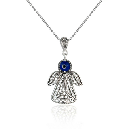Filigree Art Evil Eye Beaded Angel Figured Women Silver Pendant Necklace