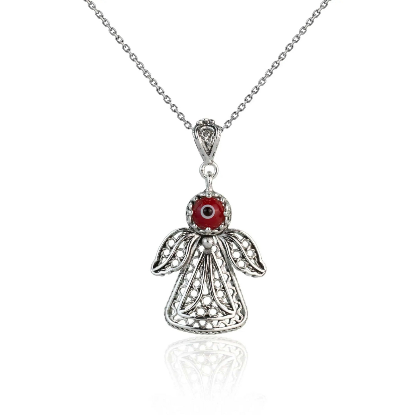 Filigree Art Evil Eye Beaded Angel Figured Women Silver Pendant Necklace