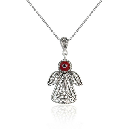 Filigree Art Evil Eye Beaded Angel Figured Women Silver Pendant Necklace