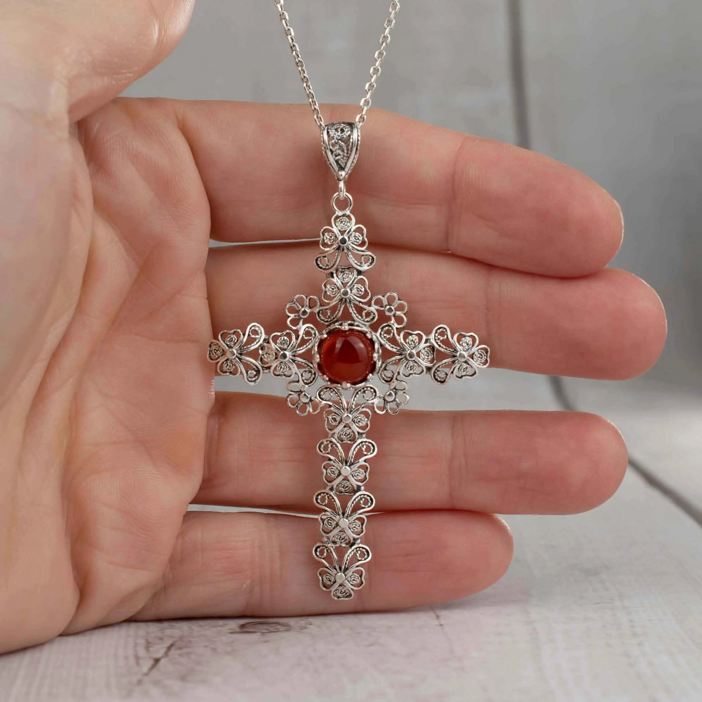 Filigree Art Carnelian Gemstone Silver Cross Design Women Pendant Necklace