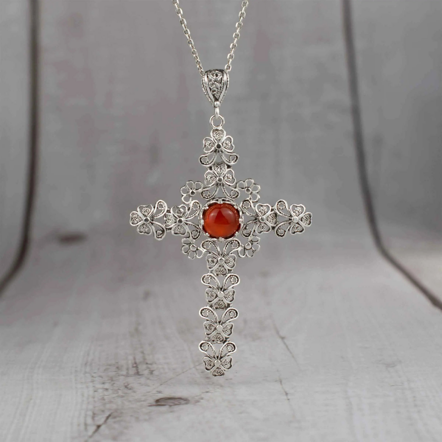 Filigree Art Carnelian Gemstone Silver Cross Design Women Pendant Necklace