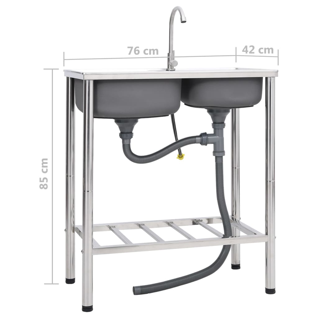 vidaXL Camping Sink Double Basins with Tap Stainless Steel